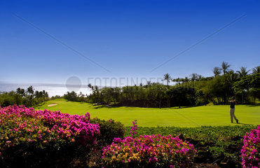 Golfer at exclusive beautiful Wailea Emerald Course hole #1 with palm trees flowers beauty in Maui Hawaii