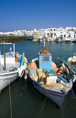 Beautiful island of Paros Greece in Greek Islands and beautiful harbour and fishing boats in Naoussa