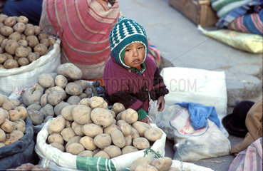 Peru  Portrait of a small child sitting next to bags of potatoes that are sold on a market.