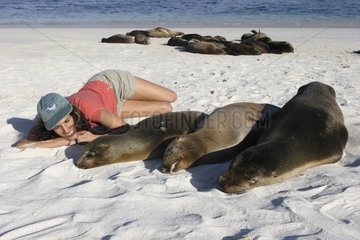 California Sea Lions sleeping and woman Galapagos