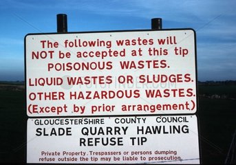 Sign prohibting dumping of toxic waste Cotswolds UK
