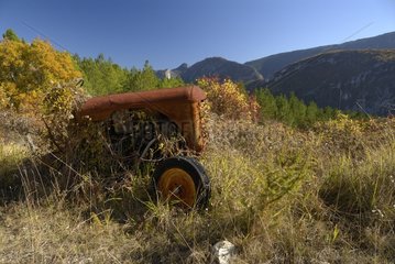 Wreck of tractor abandoned in the wild in fall in Alps