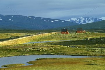 Maisons rouges sur la ligne du cercle polaire Norvège