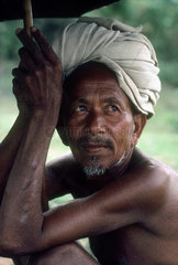 NEPAL : Terai  Meghauli region. Old Tharu man with umbrella.