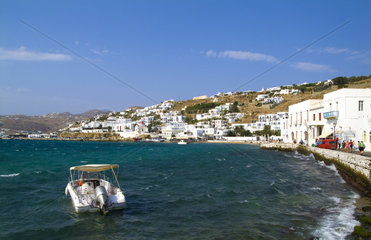 Beautiful scenic color of white buildings and downtown village of beautiful island of Mykonos Greece