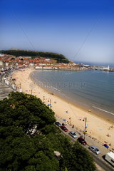 Aerial photos of beautiful beach from above of tourist town of Scarborough England in North Yorkshire