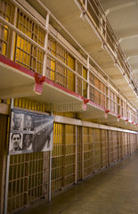 Row of cells and major prisoners of famous landmark Alcatraz Prison on bay island in San Francisco California