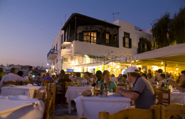 Night photo of beautiful Mykonos Greece and restaurant called Alefkandra in famous area called Little Venice