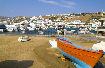 Beautiful scenic color of white buildings and downtown village of beautiful island of Mykonos Greece