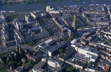 Aerial view of the cathedral of Arhnem and the Rhine river