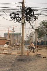 Electric wire entangled in a street in Beijing China