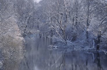 The river Allan and his snow-covered banks Doubs France