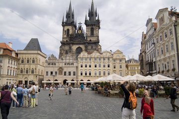 Tourists taking photos at the famous Old Town in Prague Czech Republic