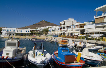 Beautiful island of Paros Greece in Greek Islands and beautiful boats in harbour of Pisso Livadi on East Coast of Paros