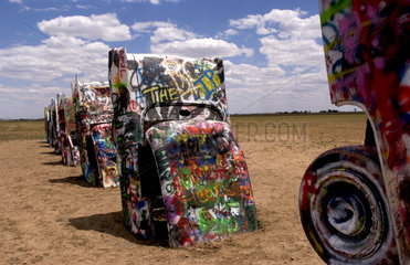 The Cadillac Ranch with buried cars in ground in Amarillo Texas USA