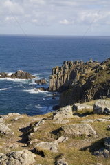 Southernmost tip of England Lands End in Cornwall cliffs and ocean on tip of land