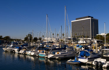 Boats and upscale marina at the beautiful Marina del Rey in Los Angeles California