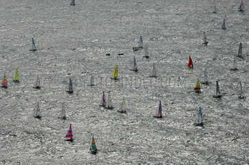 Texel  Ronde van Texel  Round Texel Race  the biggest regatta for Catamaran sailing boats. Aerial view of the race.