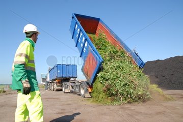 LKW -Entladen von grünen Abfällen in einer industriellen Kompostierungseinheit