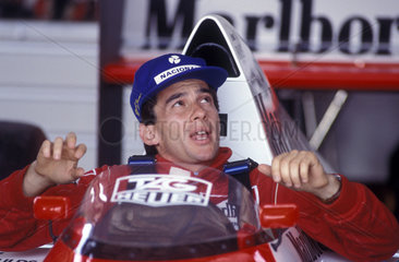 Brazilian Formula 1 pilot Ayrton Senna  dead in 1994. cockpit  advertising  ad  Formula 1 automobile  Marlboro  sponsorship  patronage  backing  support