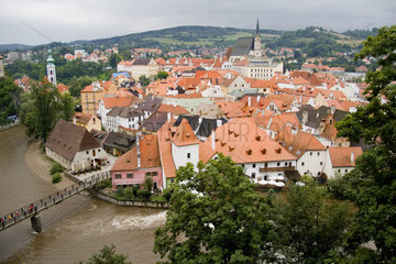 Beautiful aerial image showing all the architecture of tourist city of Cesky Krumlov in Czech Republic