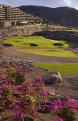 Beautiful scenics of brand new upscale golf course in canyons called New Awfi Tauro Golf course in Gran Canaria on coast of Canary Islands Spain