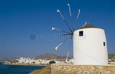 Beautiful island of Paros Greece in Greek Islands and beautiful white famous windmill in main city of Parikia