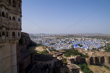 Beautiful BLUE CITY of Jodhpur showing all blue buildings taken from Fort Mehrangarh in Rajasthan India