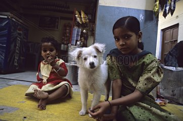 Scene of family life with two girls and a puppy India