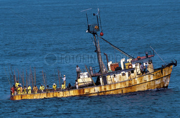 Tuna fishing  tunny fishing  Brazil. Old fishing boat  rust hull  rusted bottom. Fisherman  fishermen using fishing-rod  precarious conditions of work  insecure labor  subsistence