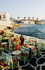 Beautiful island of Mykonos Greece and restaurants in the famous area called Little Venice