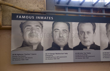Photos of nortorious prisoners Capone Kelly and The Birdmanat the famous landmark Alcatraz Prison on bay island in San Francisco California
