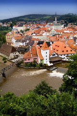 Beautiful aerial from mountaintop of the picturesque small village with the red roofs of Cesky Krumlov in the Czech Republic