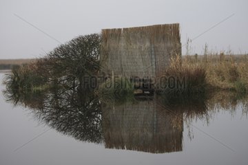 Hunting blind at the edge of a lake