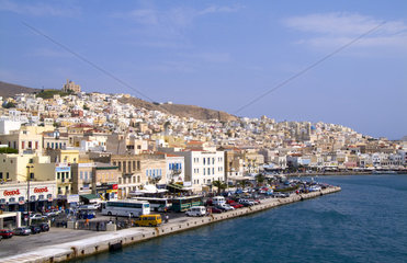 Beautiful Greek island of Siros Greece taken from ferry on water