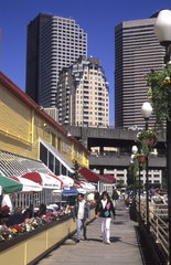 The beautiful color and architecture of the shops at the Pier in Pacific Northwest city of Seattle Washinton USA