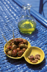 Essaouira  olives and olive oil served at the roof terrace of Taros restaurant