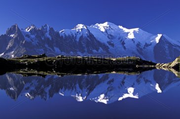 Cheserys lake and Mont Blanc mass in Alps France