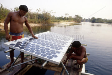 Xingu  Amazon  Brazil. Yaulapiti indigenous People. Electricity by solar power.