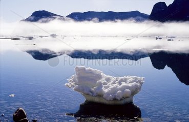 Brumes matinales et reste de glace dans un fjord Groenland