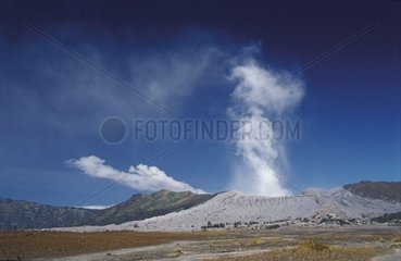 Crater of Bromo and smoke of behind plane Semeru Java