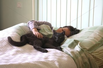 Cat lying on a bed with a girl asleep