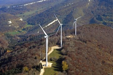 Air shot of wind turbines on the Lomont massive Doubs