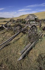 Farm machinery and barn abandoned Saskatchewan Canada