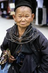 Portrait of a black H'Mong woman at Sapa market Vietnam