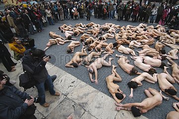 Naked activist in a public protest against use of animal fur