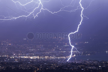 Lightning strike hitting a crane  Geneva  Switzerland  april 4  2018