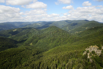 From the Fuchsfels lookout  the Doller valley  the Tete des Perches  the Grand Ventron  near the Vogelsteine  rocks  Rossberg massif  Hautes Vosges  Haut Rhin  France