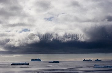 Icebergs of Southern Ocean under thunderstorm Terre Adelie