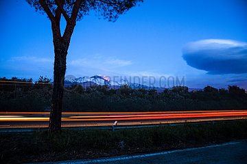 Etna volcano eruption from motorway side - Italy